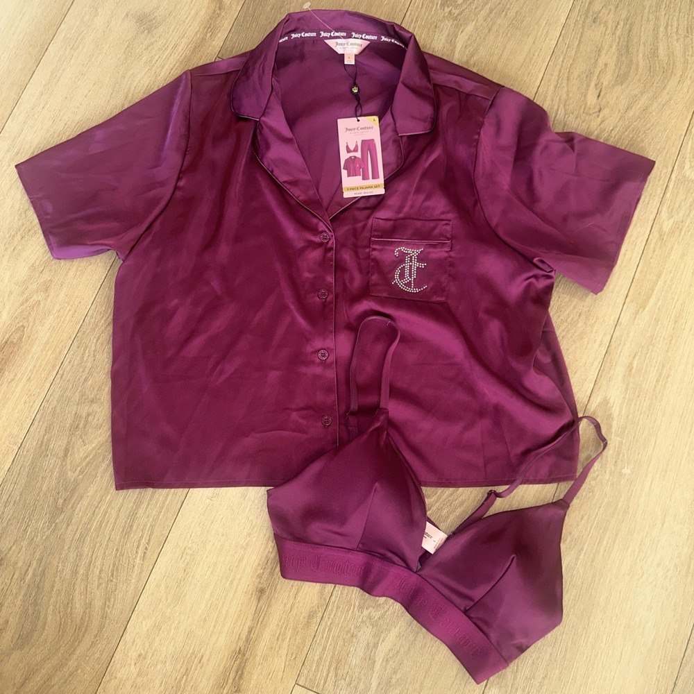 Juicy Couture 2 Pc Satin Bra & Button Pajama Top Rhinestones Raspberry Large NWT